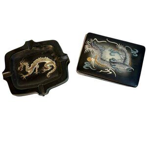 Vintage Black Ceramic 3D Dragon Collectors Ashtray & Trinket Box Stash and Ash